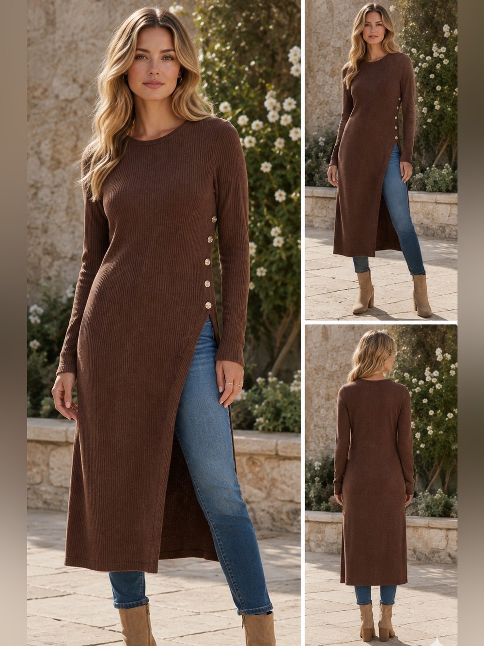 ShopEvelynne Chocolate Brown Rib-Knit Maxi Dress with Side Buttons
